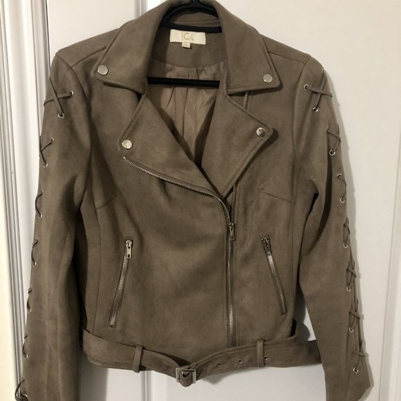 Beige Faux Suede Biker Jacket - Picture 2 of 12